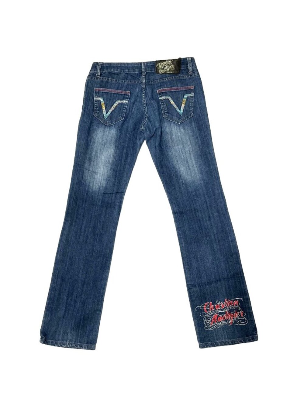 Christian Audigier Boot Cut Jeans Sz 31 Blue Low Rise Embroidered Rhinestones